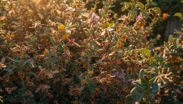 Honeybees swarming sunlit shrub blossoms pollinating and foraging in golden hour