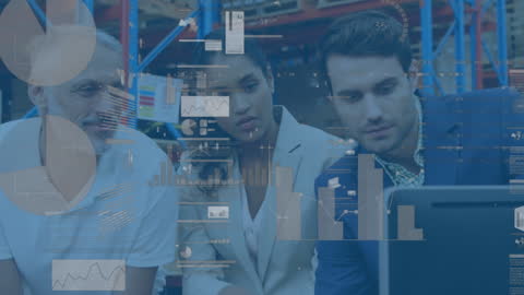 Team Collaborating in Warehouse with Digital Analytics Overlay
