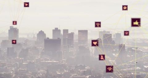 Smart City Network Showing Social Media Icons and Connectivity Lines over Foggy Skyline