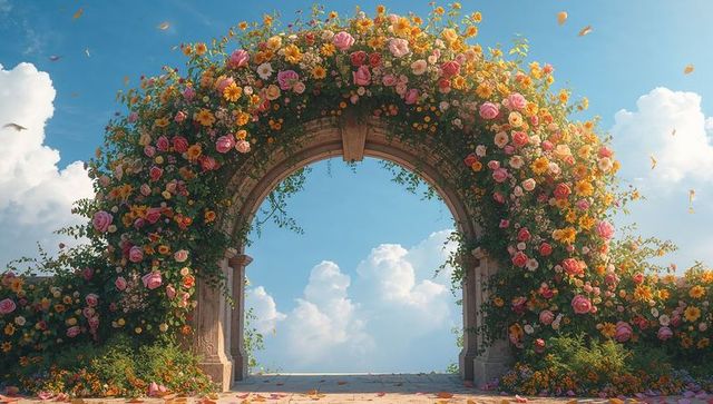 Blooming rose archway overlooking blue sky, romantic garden gateway draping lush vines