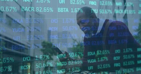 Senior man checking phone with stock ticker overlay in urban plaza