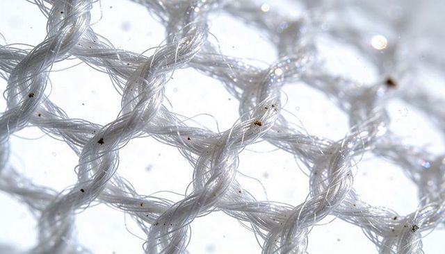 Macro white braided mesh closeup showing twisted filaments, dust, and fiber texture