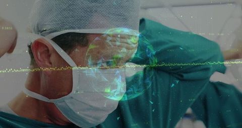 Surgeon in Operating Room Fitting Mask with Futuristic Holographic Interface