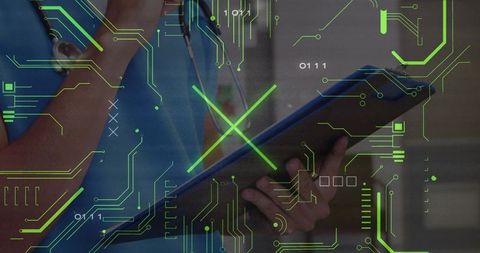 Healthcare Professional Embracing Digital Innovation with Futuristic Theme