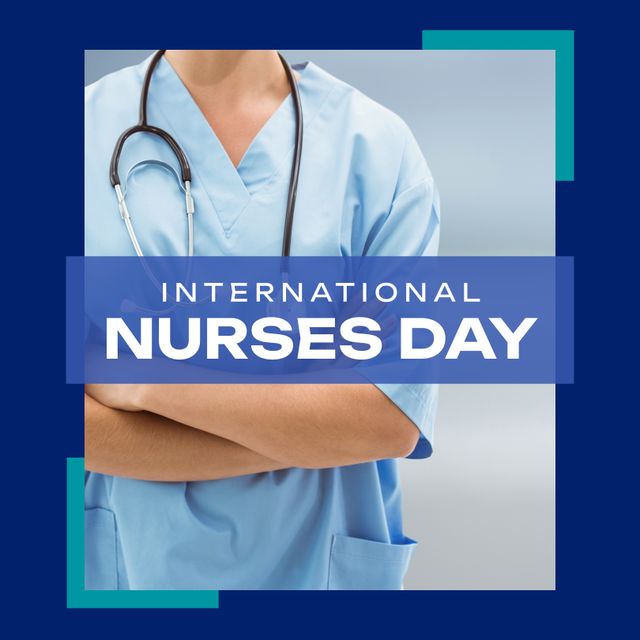 Composition of international nurses day text over caucasian female nurse with arms crossed. International nurses day and celebration concept digitally generated image.