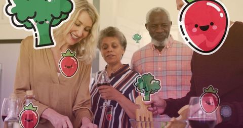 Seniors cooking together with playful vegetable illustrations