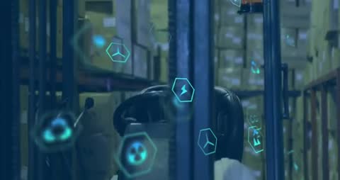 Warehouse Safety Metrics with Energy Icons Overlay & Forklift in Motion