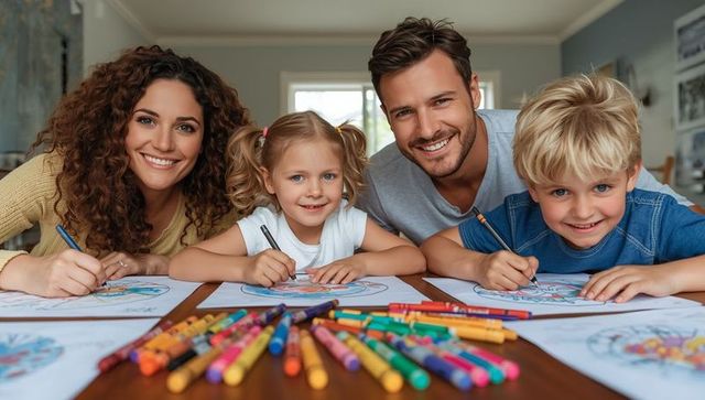Cheerful family bonding over creative coloring activity