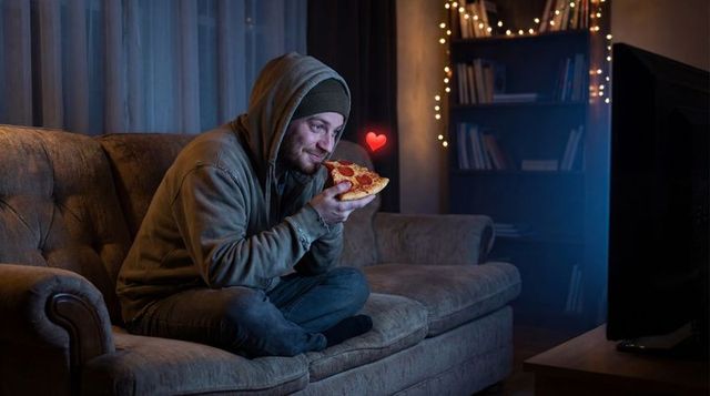 Man holding pepperoni pizza while binge-watching tv on cozy sofa with heart icon