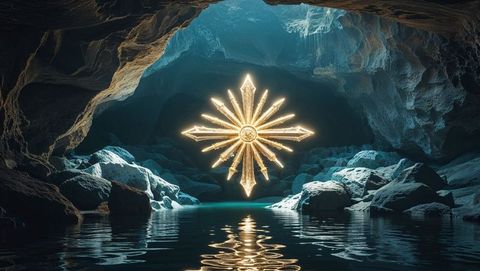 Glowing eight-pointed god symbol illuminating enchanted cave chamber