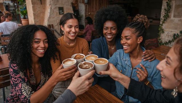 Diverse Group of Friends Enjoying Lattes in Outdoor Cafe