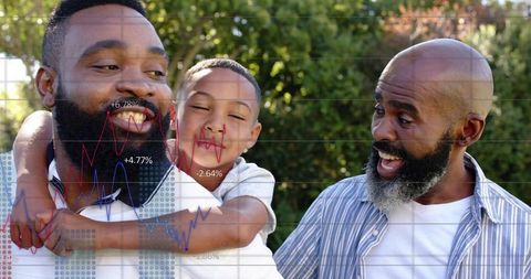 Multigenerational men sharing piggyback joy, financial chart overlay for family savings