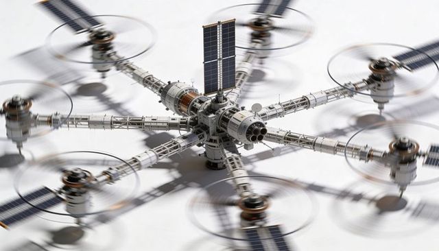Rotating multirotor spacecraft prototype with spinning rotors, truss arms, solar arrays