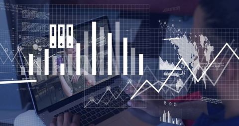 Business Analyst Editing Data Dashboard on Laptop with Global Analytics Overlays