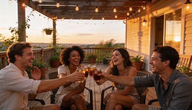 Friends toasting on deck at golden hour under string lights pergola summer gathering