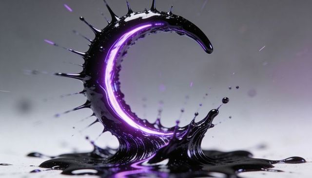 Glossy black liquid curling into neon purple crescent, futuristic splash glowing reflective arc