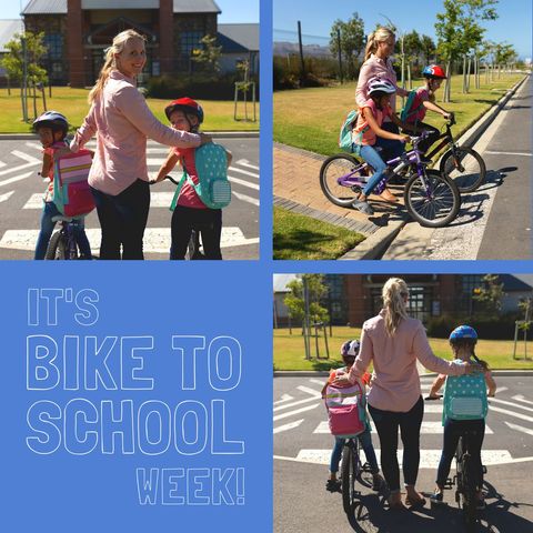 family cycling to school during bike to school week campaign - Download Free Stock Templates Pikwizard.com