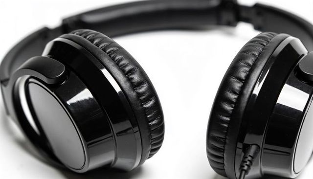 Resting glossy black over-ear headphones with padded leatherette cushions and wired cable