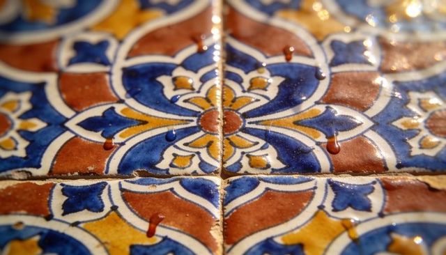 Colorful handglazed ceramic tile closeup showing floral geometric pattern and water droplets