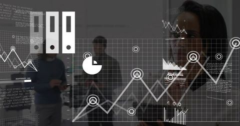 Businesswoman examining interactive data visualization and analytics dashboard on glass