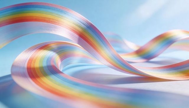 Curling rainbow ribbon waves on pastel blue surface with soft glossy highlights