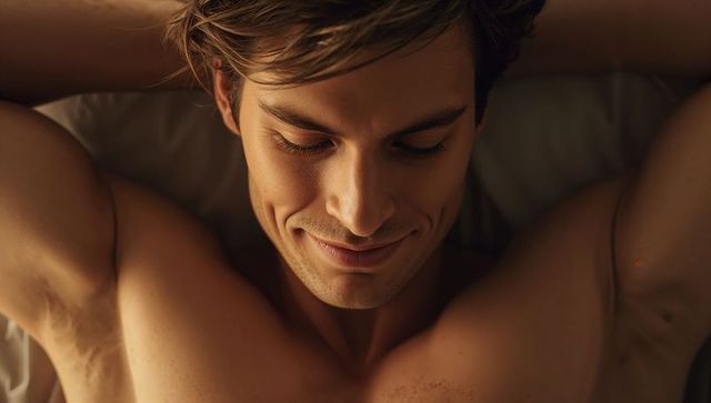 Relaxing shirtless man reclining with arms behind head warm golden light closeup portrait