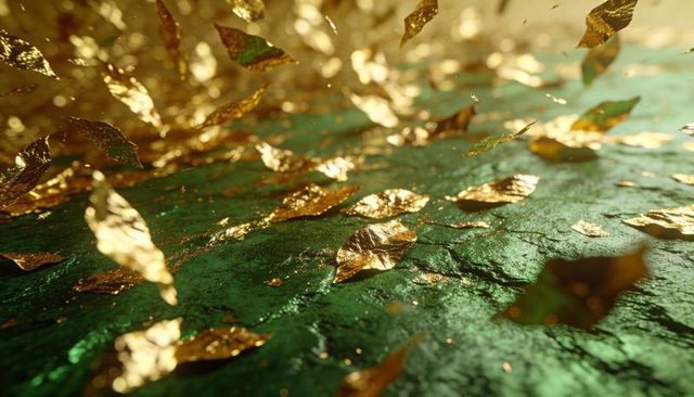 Drifting metallic gold leaves on emerald green textured surface with warm sparkle
