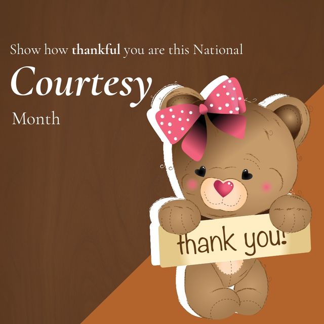 National courtesy month text by teddy bear holding thankyou card on brown background. digitally generated, september, thankful, grateful, copy space.