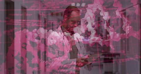 Doctor Examines Tablet Blending Medicine and Genetics Innovations