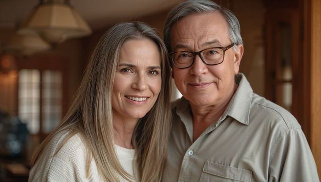 Mature couple smiling together in cozy home interior with warm lighting and glasses