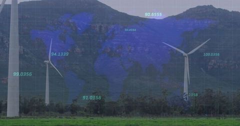 Digital World Map Overlaid on Rural Wind Farm Landscape