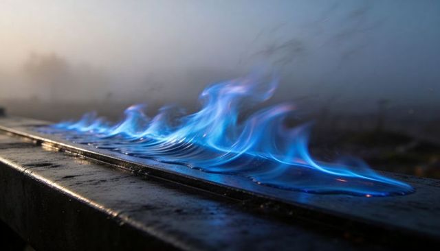 Luminous blue flame wave traveling along wet metal trough at twilight, neon gas burner