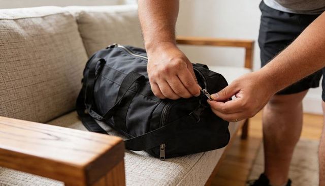 Man unzipping black duffel bag on sofa preparing weekend getaway packing gym and travel