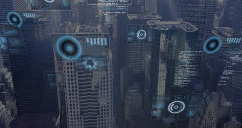 Futuristic Digital Interface Hovering Over Urban Cityscape