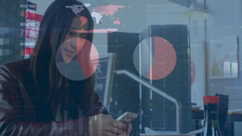 Asian Woman Using Smartphone with Digital Data Overlay in Cafe