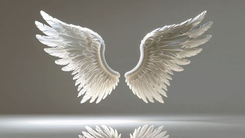 Floating divine wings in minimalist grey studio space