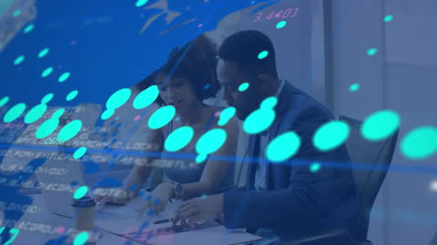 Business Team Analyzing Data with Digital Animation Overlay