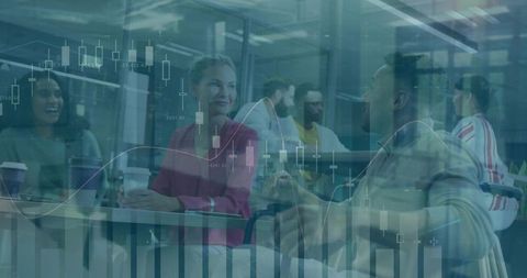 Team discussing finance over coffee with stock chart overlay in bright team workspace