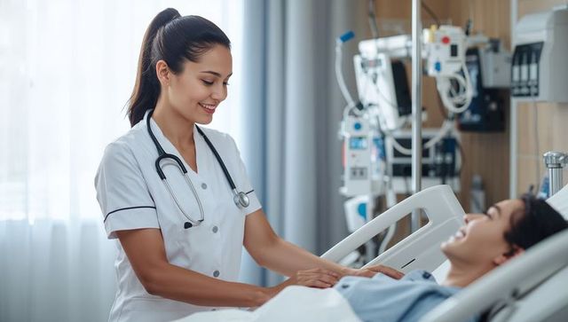Smiling nurse providing bedside care with stethoscope and infusion monitors in hospital