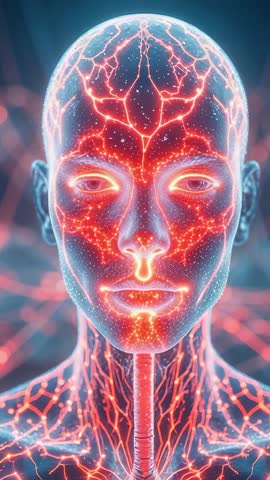 Emerging Neural Cyborg Head Pulsing Glowing Circuitry in Futuristic Cyberspace Vertical Video