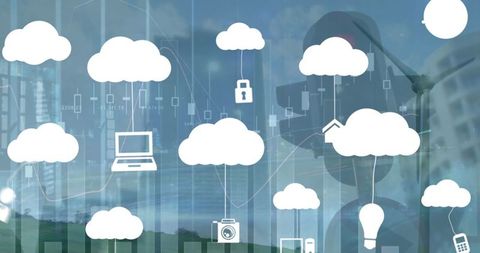 Cloud Icon Clusters with Data Security Over Urban Landscape