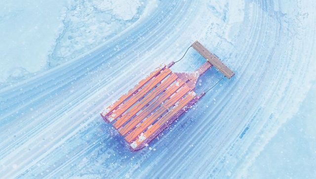 Wooden sled resting on frozen pond with orange slats and frosty tracks