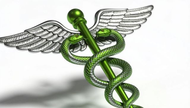 Glossy green caduceus emblem with silver wings and coiled serpents on white