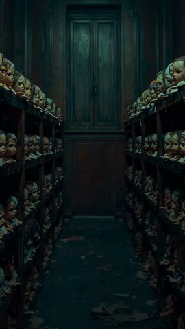 Vertical video sliding down dim storage aisle revealing rows of aged doll heads, haunting mood