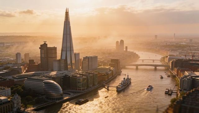 Shard towering over river thames bathing london in golden light with hms belfast