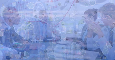 Diverse Scientists Discussing Data with Digital Interface Overlay