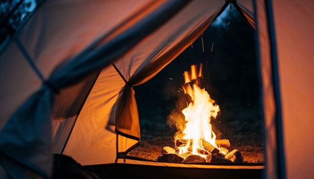 Flickering campfire casting warm glow through tent doorway at dusk for campsite ambience