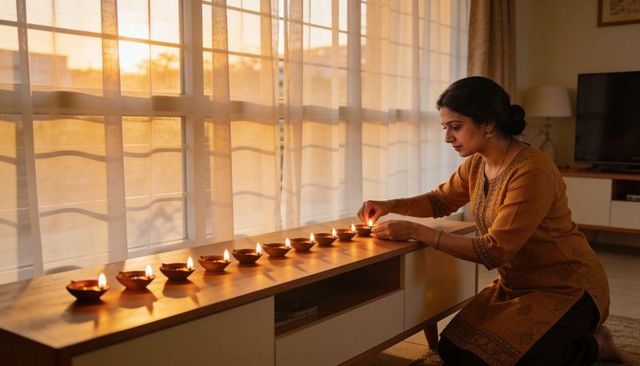 Kneeling woman lighting diwali diyas on low console at sunset golden evening ritual
