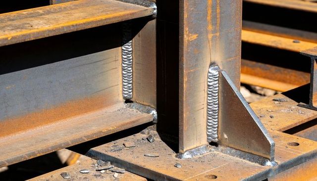 Welded structural steel joint showing stacked weld beads, gusset plate and spatter
