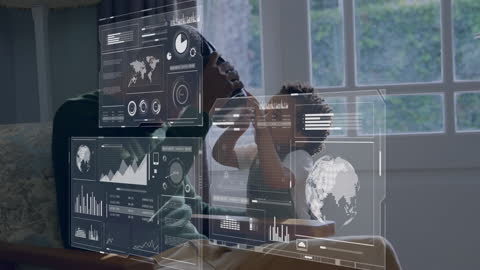 Man Using VR Headset with Financial Data Visualization Overlay